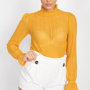 Mock Neck Knit Lace See-Through Sheer Long Bell Sleeve Top